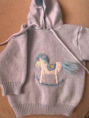 Vintage Baby Kisses Baby Blue Rocking Horse Knit Hoodie Sweater